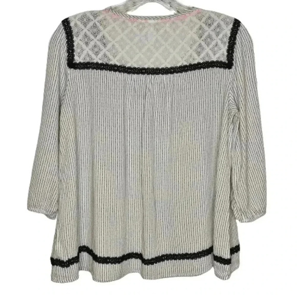 Witchy Gothic Retro Black White Boho 3/4 Sleeve Rayon Blouse Lace Detail M - Picture 3 of 10